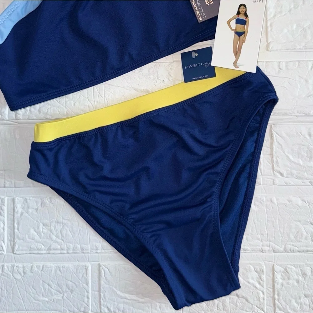 New Habitual Kids Blue, Red, and Yellow Two Piece Swimsuit Sz 12 Top 10 Bottoms